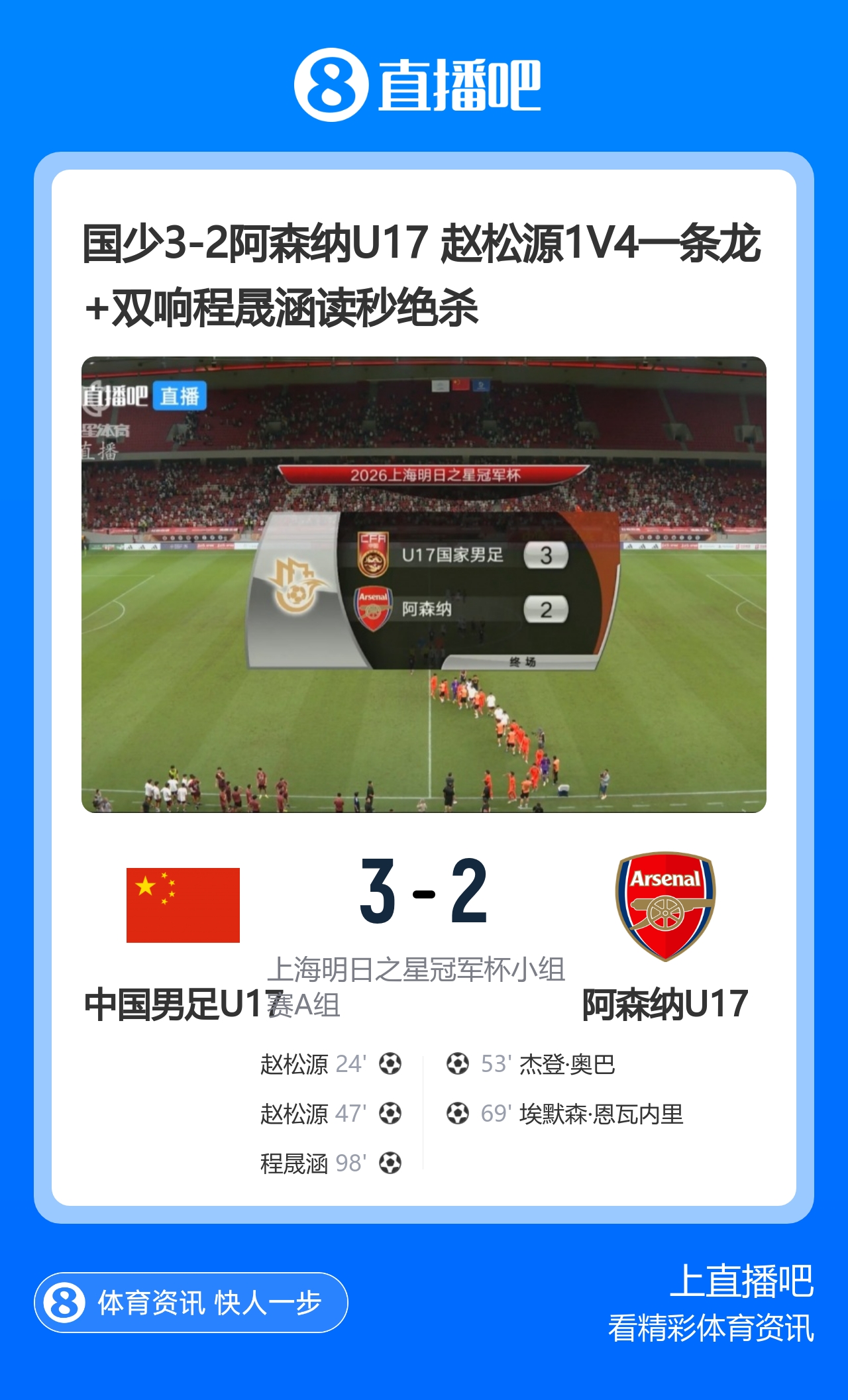 国少读秒绝杀阿森纳U17 赵松源双响程晟涵补时制胜