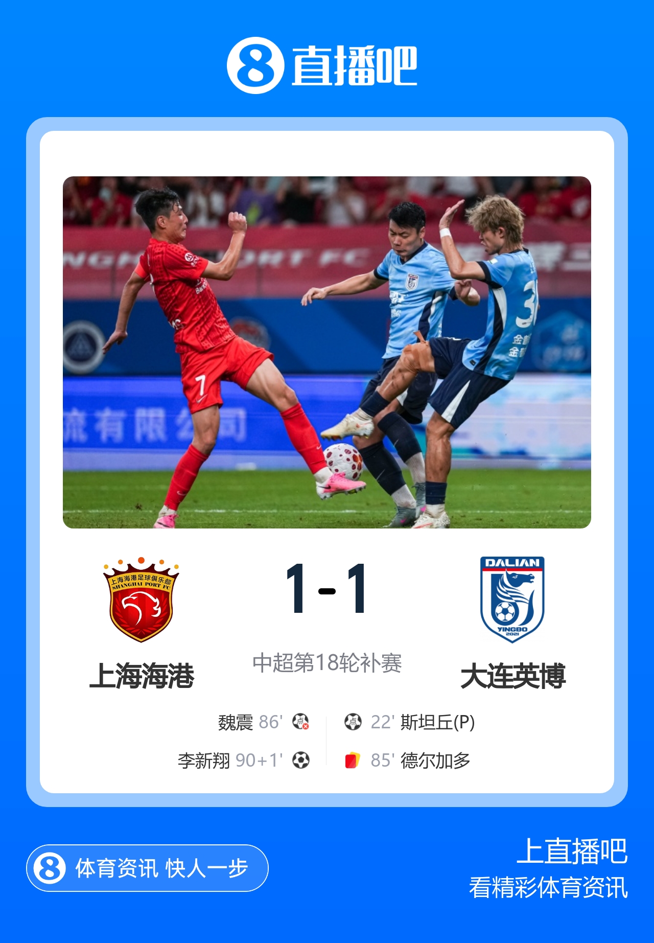 海港补时绝平英博 李新翔头球救主魏震失点