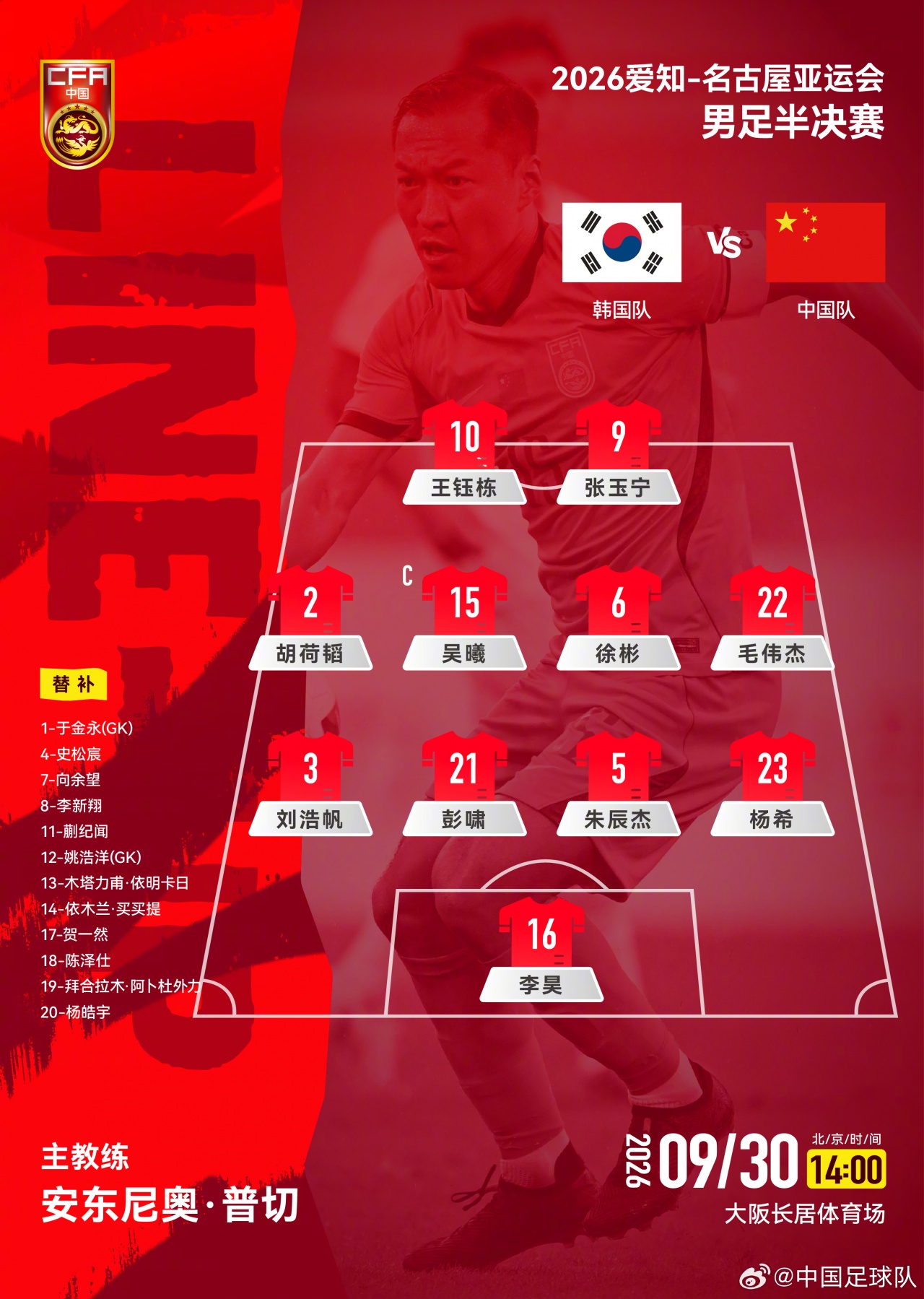 继续442！U23国足vs韩国U23官方阵型：彭啸、朱辰杰搭档中卫